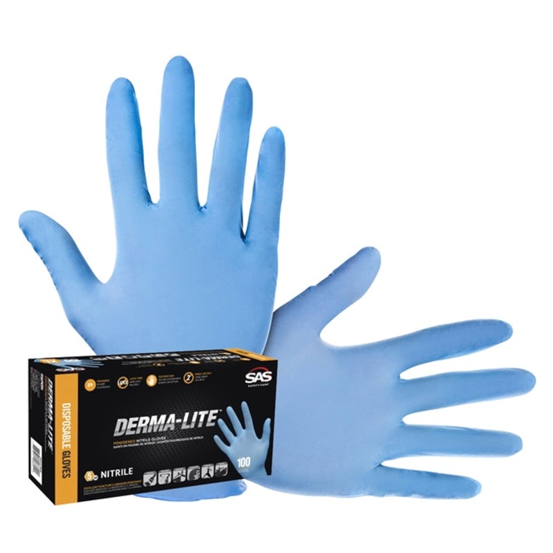 SAS Safety 6608 Derma-Lite Lightly Powdered Nitrile Glove – Large, 100/Box