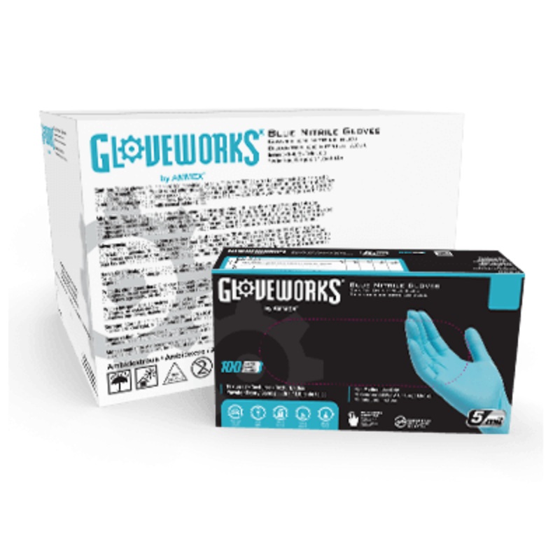 AMMEX Gloveworks Blue Nitrile PF Ind Medium Gloves