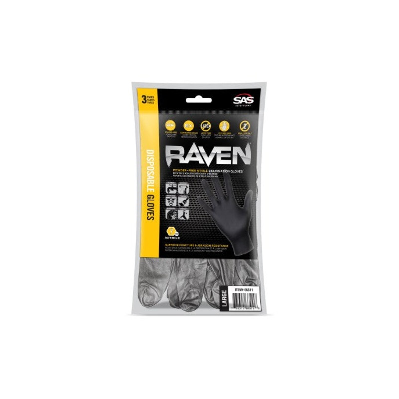 SAS Safety Raven Powder-Free Nitrile Exam Grade Disposable Gloves – 7 Mil – 3PK – XL